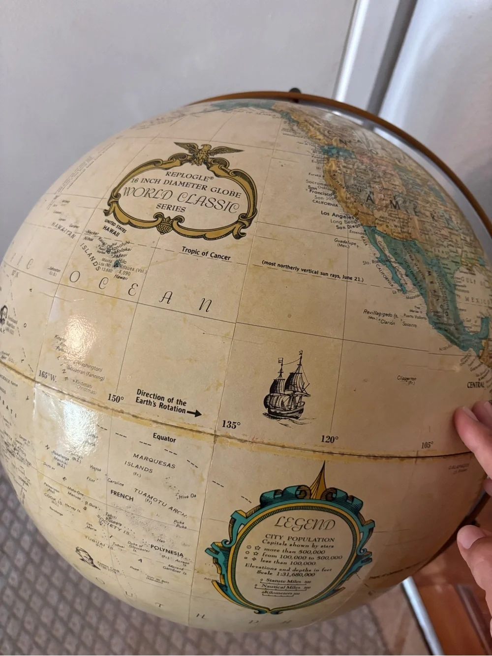 Vintage Replogle World Classic 16 inch floor Globe Detailed Map Pedestal Aged